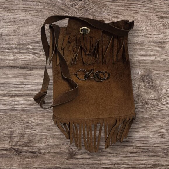 VTG 70s Boho Suede Fringe Shoulder Bag | Hippie Festival Leather Purse - Picture 3 of 7
